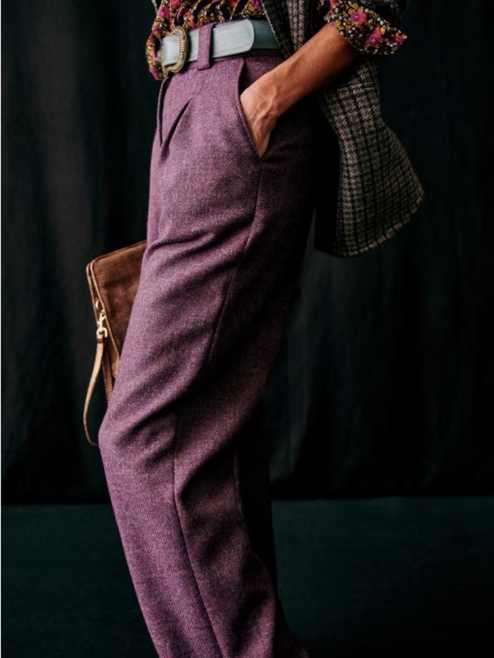 Sézane Theophile Wool Pleated Trousers US 10 FR 42 Purple High Rise Tailored